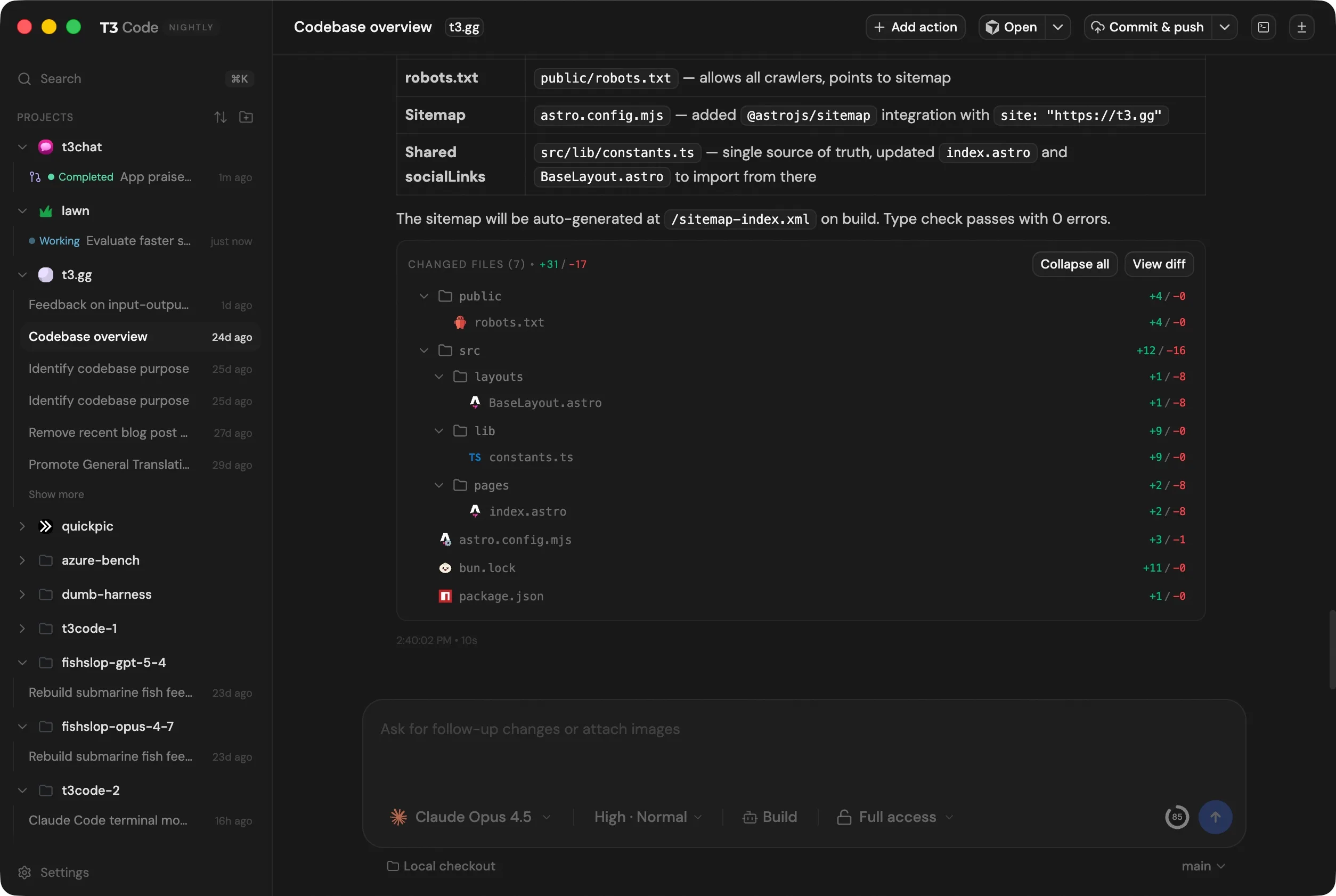 T3 Code app showing multiple coding agent threads in one workspace